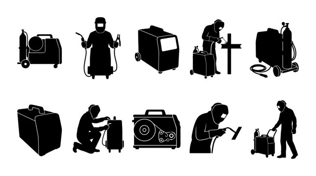 Welding Professional Equipment Silhouette Collection Set Featuring Skilled Workers Using Metal Fabrication Tools And Industrial Welding Machines