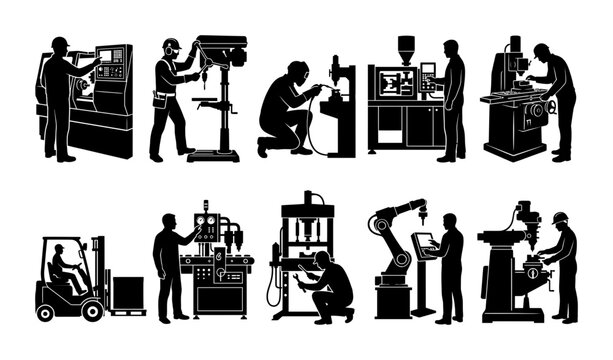 Industrial Manufacturing Worker Silhouette Set Featuring Heavy Machinery Operators Operating CNC Lathe Drill Press Forklift Robot Assembly Line Icons