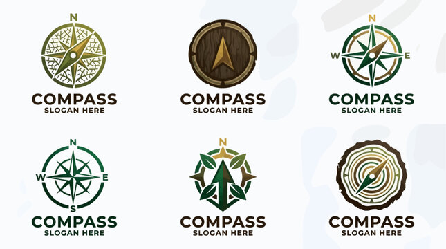 Modern Compass Logo Collection with Nature and Wood Elements, Vector Graphics for Branding, Navigation and Outdoors