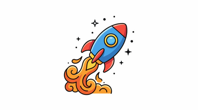 A cartoon rocket ship blasting off into space with flames and stars (1)