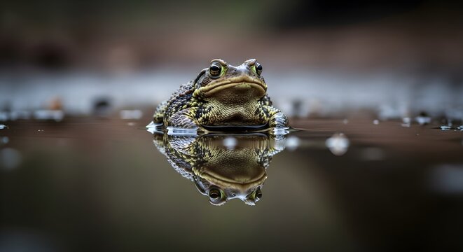 Close-up of a toad partially submerged in calm water with a sharp mirrored reflection. Detailed macro photography of amphibian skin and eyes against a blurred dark background.