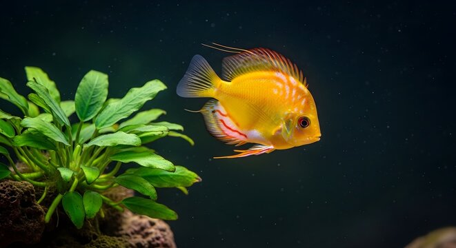 Close-up of a vibrant orange and yellow Discus fish swimming in a freshwater aquarium next to a lush green Anubias plant against a dark background with sharp focus and professional detail.
