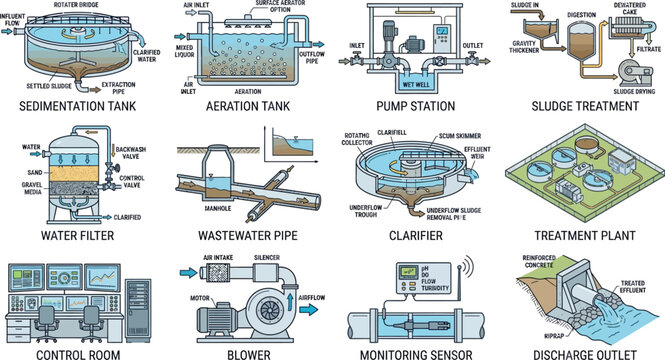 Wastewater treatment plant icons set including sedimentation tank aeration