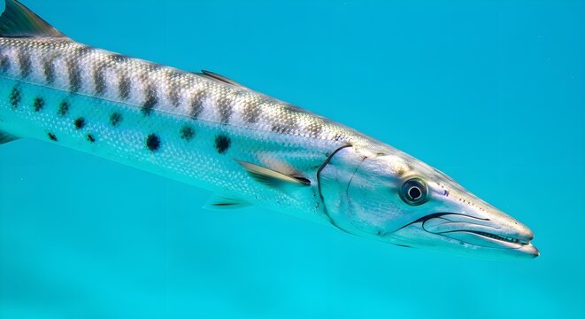 Close-up profile shot of a great barracuda (Sphyraena barracuda) swimming in clear turquoise tropical water, showing silver scales, dark lateral spots, and sharp jaw.