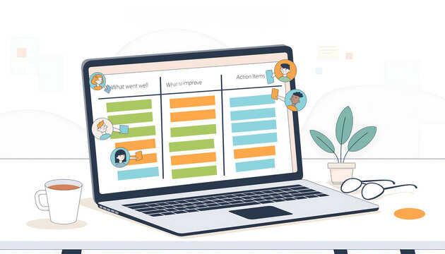 Flat design vector retrospective dashboard on laptop screen captures clean collaborative organized productive corporate atmosphere generative AI