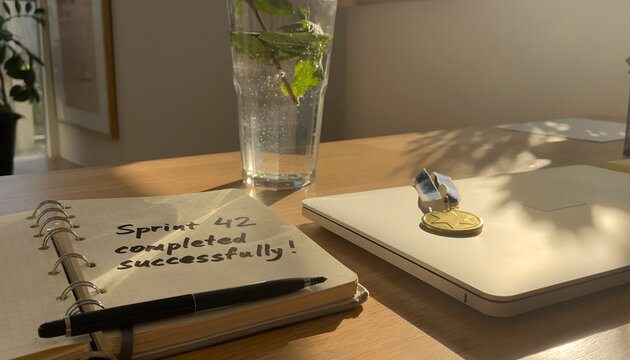 Open notebook with sprint completion message beside laptop cup captures satisfied relaxed peaceful rewarding weekend atmosphere generative AI