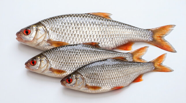 Three fresh common roach fish on white background