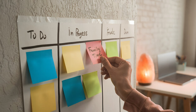 Scrum board hanging on wall as hand places note captures organized balanced calm accomplished workflow atmosphere generative AI