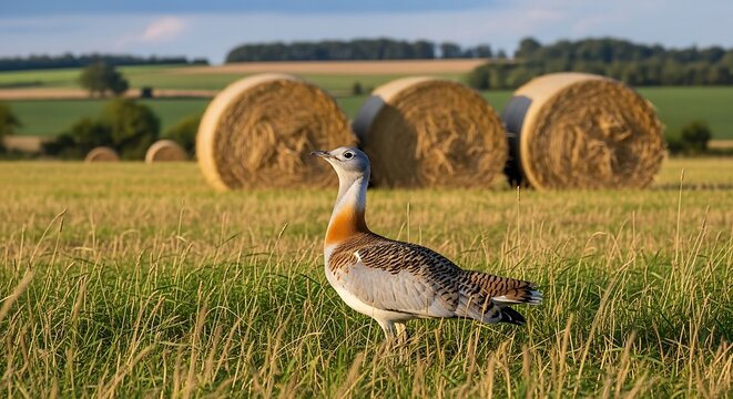 Bird standing in field with hay bales.