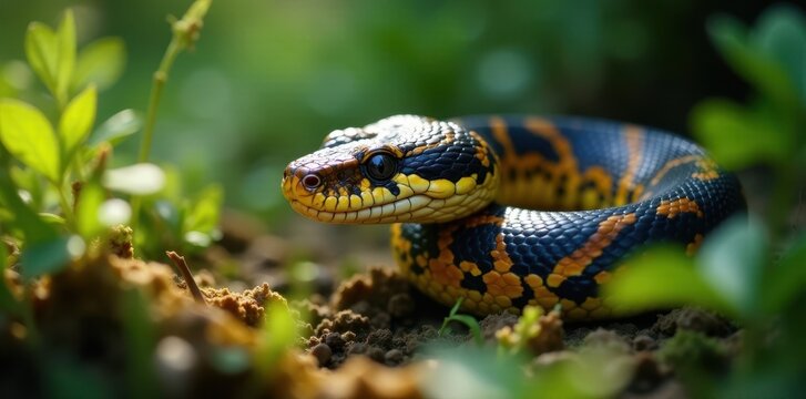 A majestic python slithers through the underbrush, python, snake