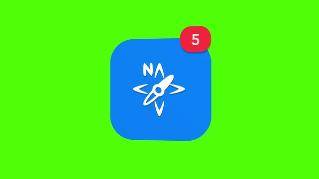 Another style of a 3D vintage directional compass instrument for scouting and adventure notification icon popping up and rotating on a green screen chroma key background with a red number counter anim