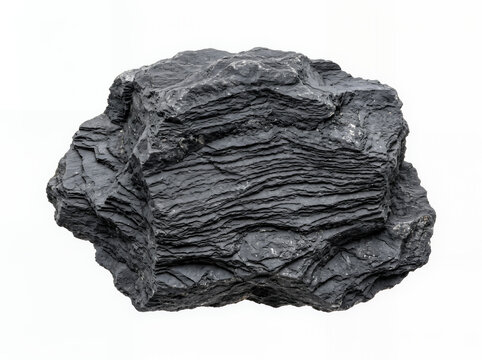 Layered black slate rock with natural texture isolated on white background. Perfect for geology, construction, and educational materials.