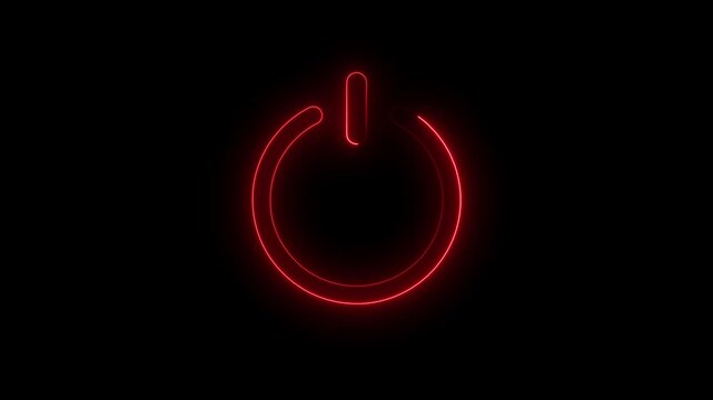 Red glowing power button symbol with neon light effects animated on black background loop.