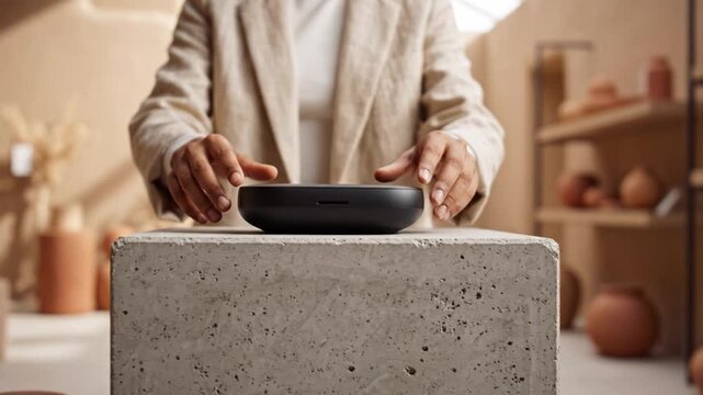 A woman showcases an innovative device on a textured concrete surface in a stylish, earthy-toned interior designed for artistic exploration and creativity.