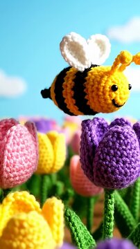 Crochet bumblebee and colorful knitted tulips in garden.