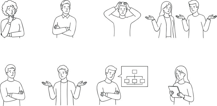 Set of people expressing confusion misunderstanding and deep thinking with question marks and light bulb idea symbols line art vector illustration.