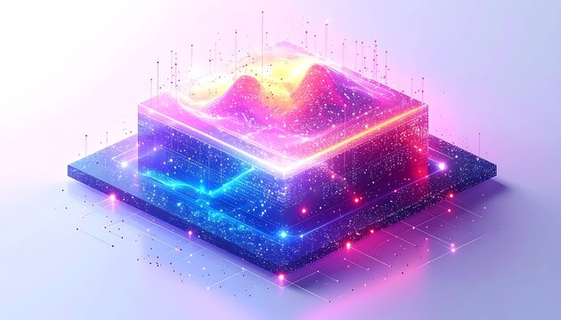 A 3D neon-colored object with a square base and a smaller rectangular top