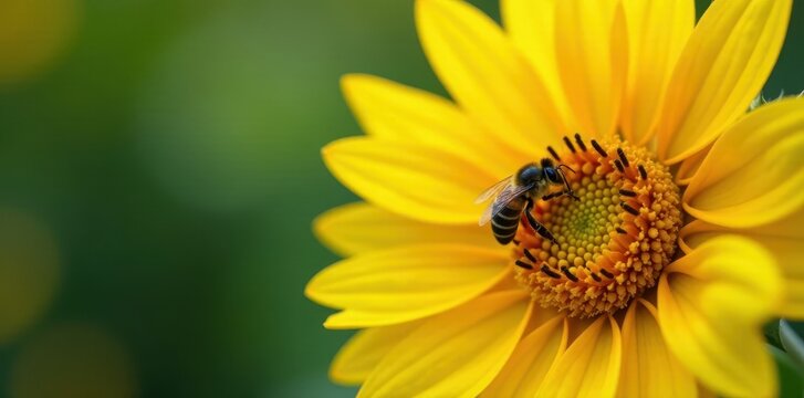 Beautiful sunflower with a busy bee collecting nectar, flower, bee
