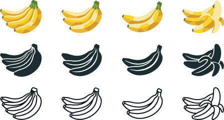 Banana Bunch Vector Icon Set Featuring Flat Color Illustrations, Solid Black Silhouettes, and Simple Outlines of Fresh Tropical Fruits © MdMostafijur