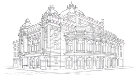 Fototapeta premium Architectural line drawing of a historic grand building with detailed facades
