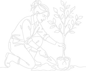 Obraz premium Woman Planting Small Green Leafy Tree.