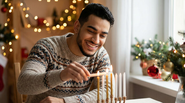Happy Middle Eastern man lighting Hanukkah candles on menorah during Jewish winter holiday festival in cozy home