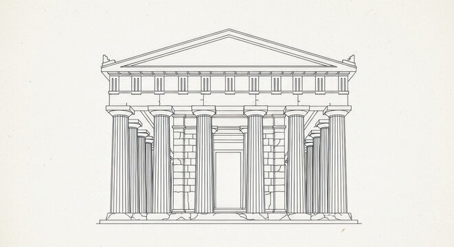 A line drawing of a classical building with a triangular pediment and columns