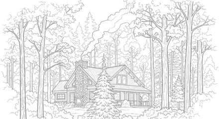 Obraz premium A detailed black-and-white line drawing of a cozy house surrounded by tall trees in a forest setting