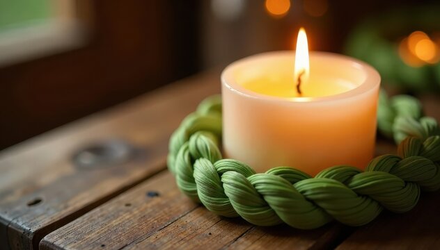 Close-up of a single sweet grass braid wrapped around a small candle holder , candle, scent