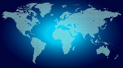 Obraz premium A blue world map made of small squares on a dark blue background with a glowing effect