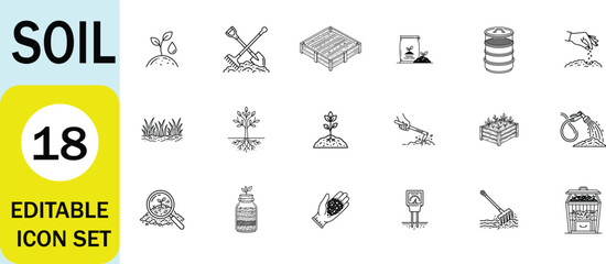 Fototapeta premium Soil line style icon set, gardening, sprout, compost bin, soil test, fertilizer, watering, hand soil, garden bed, cultivation. Editable stroke. Vector illustration