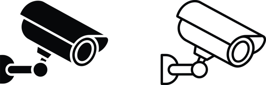 CCTV security camera icon set with solid black and outline outdoor surveillance system protection symbol collection