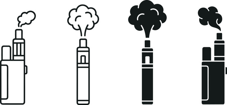 Vape Device Icon Set with Electronic Cigarette Vapor Smoke and E Cigarette Outline and Silhouette Vector Collection
