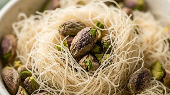 Extreme Close Up Macro of Raw Tangled Kataifi Pastry Strands with Emerald Pistachios, Premium Organic Ingredient Texture Exploration for Luxury Bakery Commercial Photography