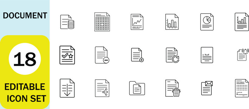 Document line style icon set, document chart, statistics, graph, folder, download, share, delete, mail, signature. Editable stroke. Vector illustration