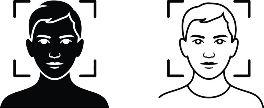 Facial recognition icon set with solid black and outline face id biometric security authentication symbol collection