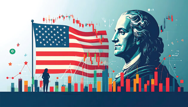 American Flag and Benjamin Franklin Portrait.