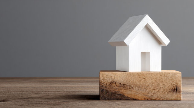Minimalist white wooden house model on a wooden block