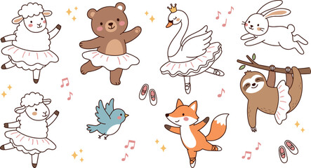 Fototapeta premium Cute Ballerina Animal Vector Set Featuring Cartoon Swan, Bear, Lamb, Fox, Sloth, and Rabbit Dancing in Tutus for Nursery Kids Graphic Designs
