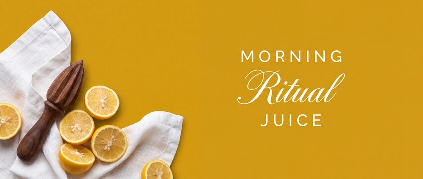 Fresh lemon juice wooden squeezer on yellow background for morning wellness ritual. Cut citrus fruit halves with linen napkin and manual reamer for healthy lifestyle website banner backdrops top view.