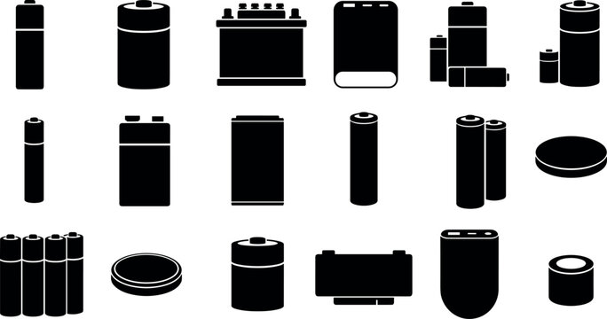 Battery Types Silhouette Icon Set Featuring AA, AAA, Nine Volt, Car Accumulator, Power Bank, and Button Cell Shapes for Technical Diagrams