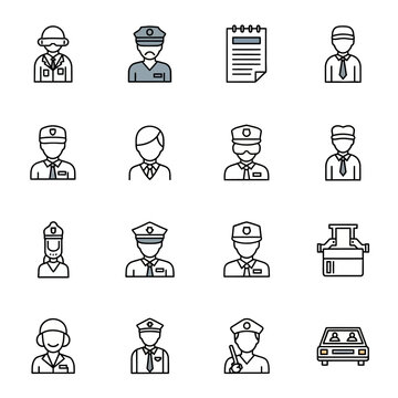 Security personnel and police officer avatar line icons.