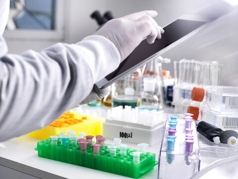Scientist adding data online via a tablet from a experiment