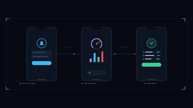 Modern mobile application UI UX design flow presentation animation showing user interface process from login to data dashboard metrics on a sleek dark background.