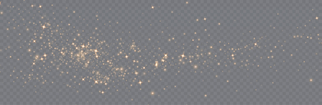 gold Transparent png golden glitter dust particle wave trail with sparkling glowing stars and magic light bokeh overlay isolated on white background for design layout horizontal particles sparkles