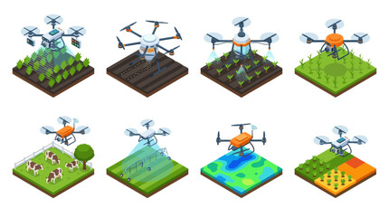 Fototapeta premium Agricultural Drones and Smart Farming Isometric Vector Set