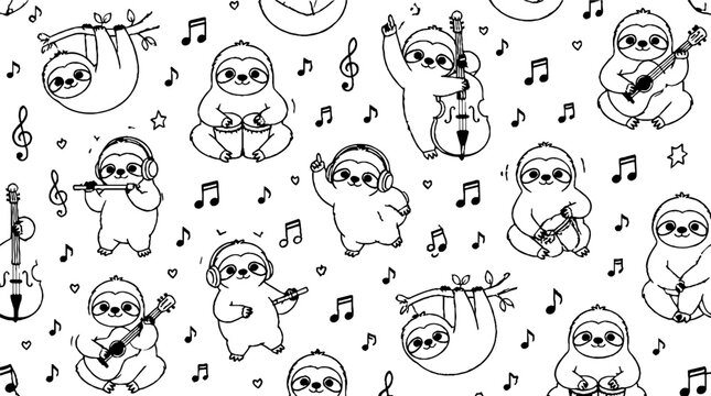 Cute Sloths Playing Musical Instruments Pattern Design.