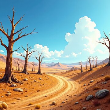 Drought-stricken landscape with parched trees and dry soil, barren land, revival