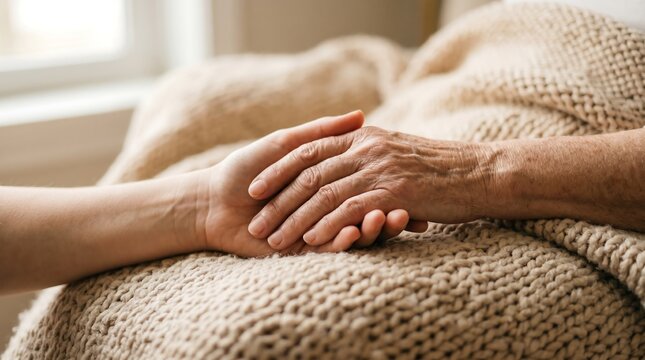 Close-up of a young person holding an elderly wrinkly hand over a soft knit blanket background, symbolizing empathetic care and generational support