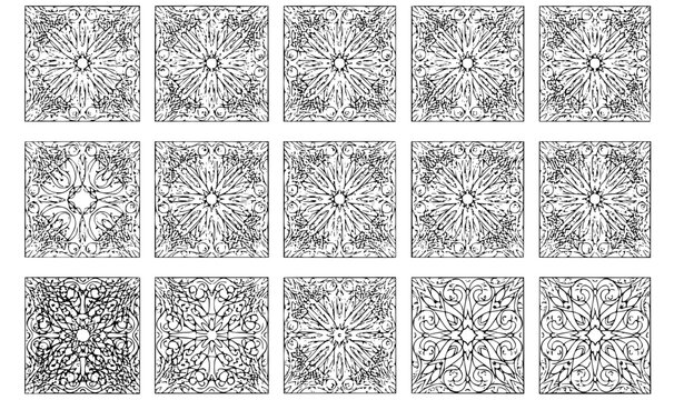 Black and white seamless azulejo tile patterns with Spanish Portuguese ceramic ornament vector collection